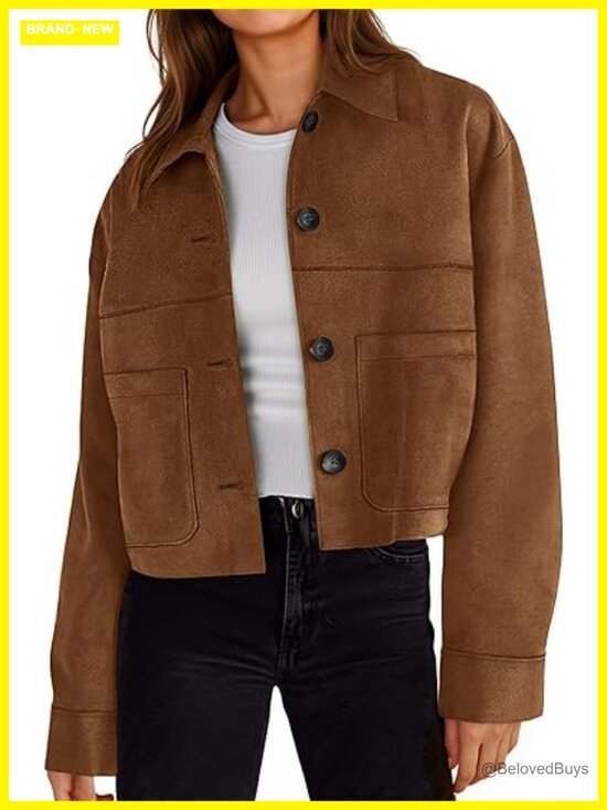 Jackets & Blazers - Cropped Faux Suede Leather Jacket Lapel Collar Button Down Short Coat Fall